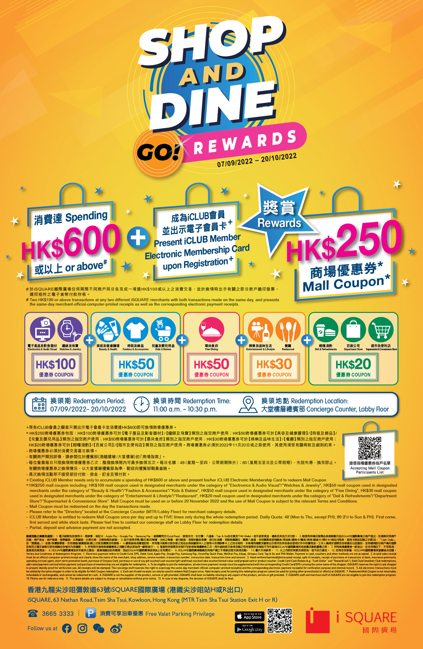 「Shop & Dine GO! Rewards」消費滿HK$600即可換領「HK$250商場優惠券」